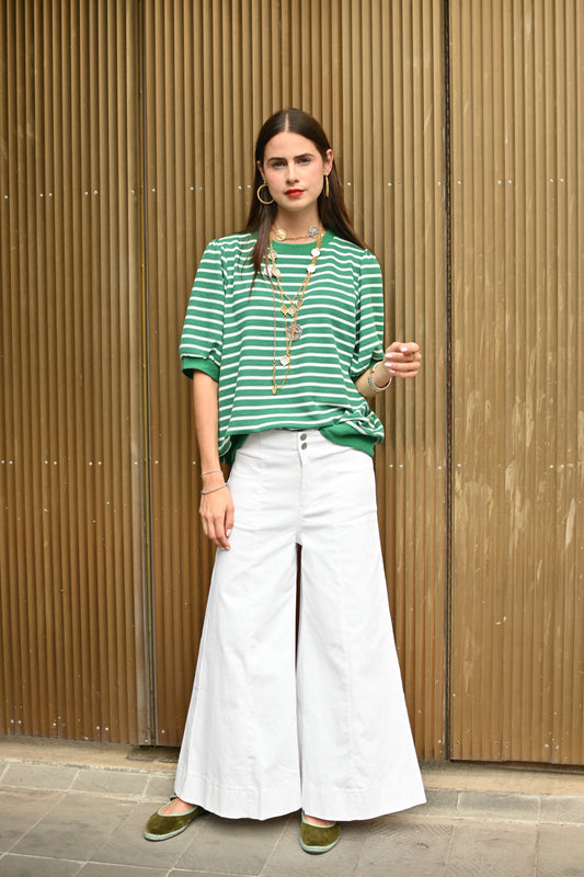 Pantalon Pata Ancha Recortada Cintura Alta