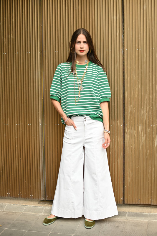 Pantalon Pata Ancha Recortada Cintura Alta